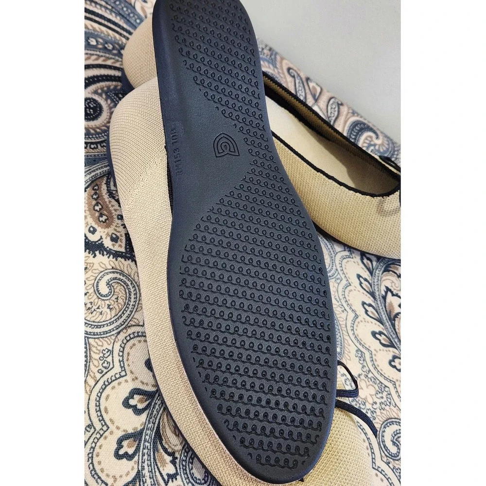 Rothys The Bow Flat Fawn Tan Navy Blue Trim Sustainable Washable Shoes W10 - Picture 6 of 9